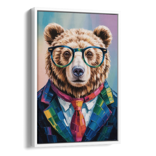 Artistic Bear with Glasses Side - White Canvas Wall Art