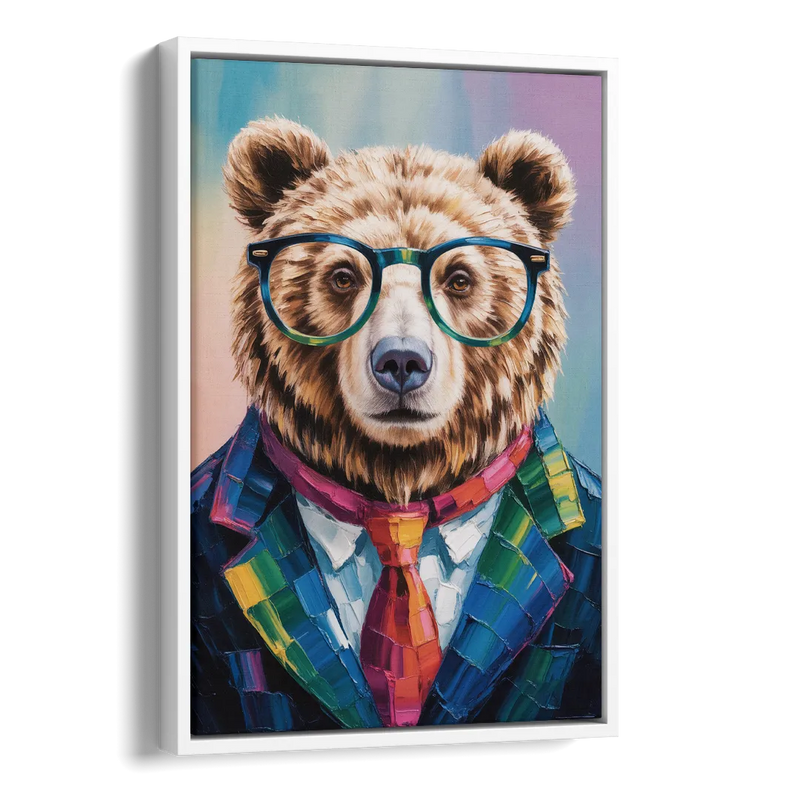 Artistic Bear with Glasses Side - White Canvas Wall Art