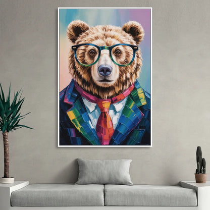Artistic Bear with Glasses Sitting Room - White Canvas Wall Art