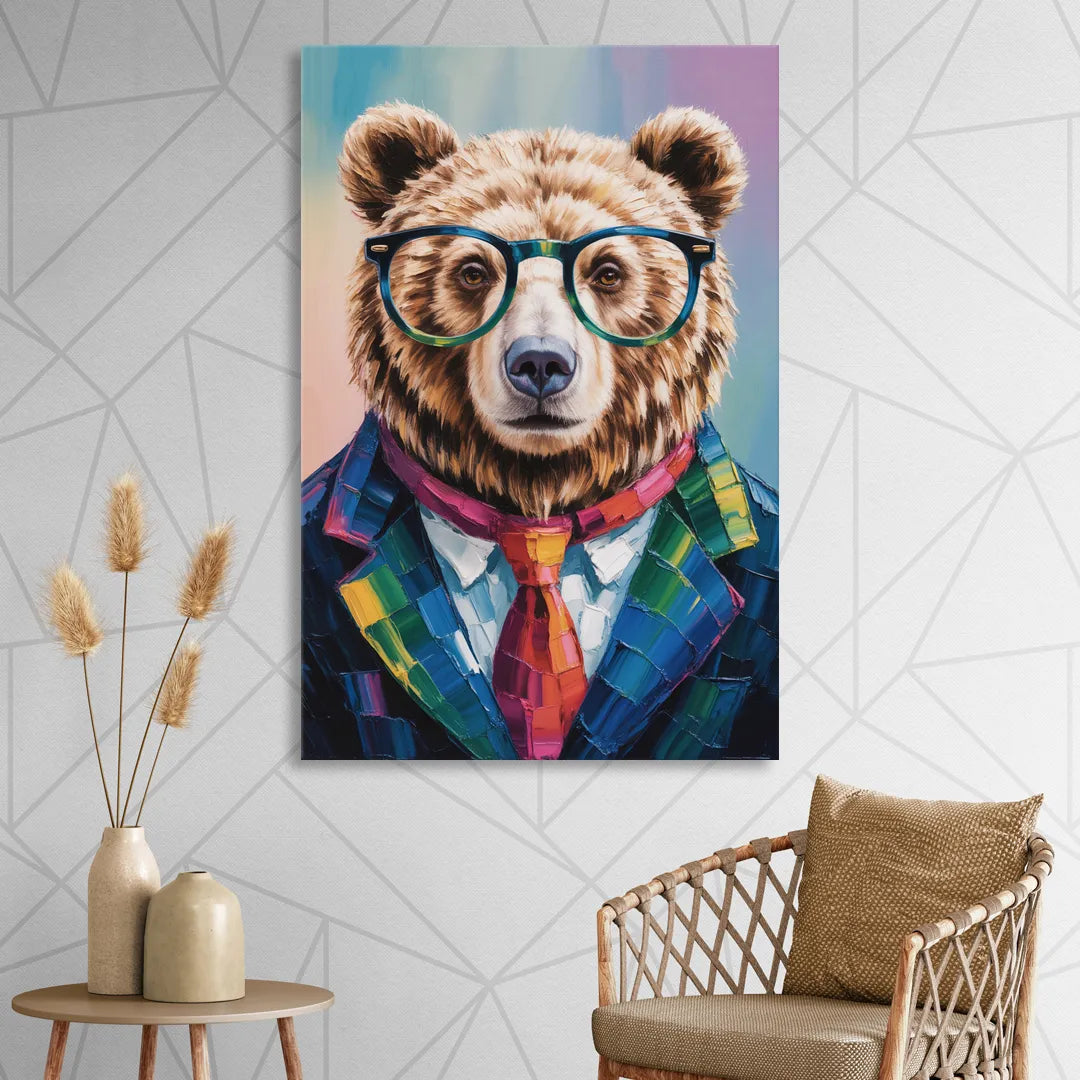 Artistic Bear with Glasses Sitting Room - Canvas Wall Art