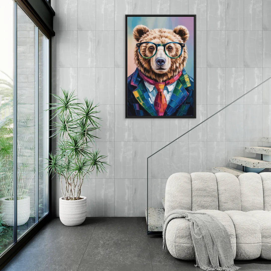 Artistic Bear with Glasses - Living Room Black Frame Canvas