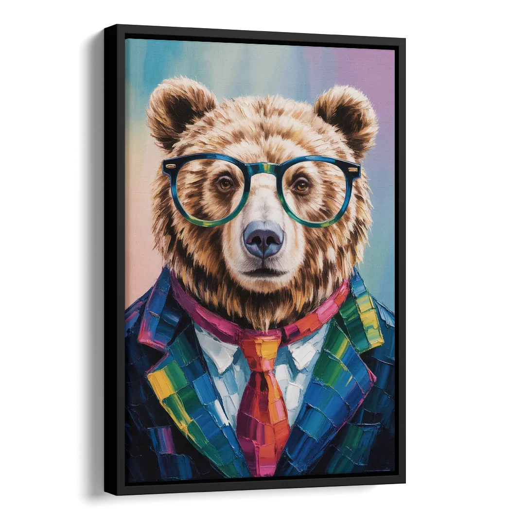 Artistic Bear with Glasses Side - Black Canvas Wall Art