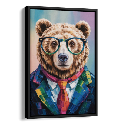Artistic Bear with Glasses Side - Black Canvas Wall Art