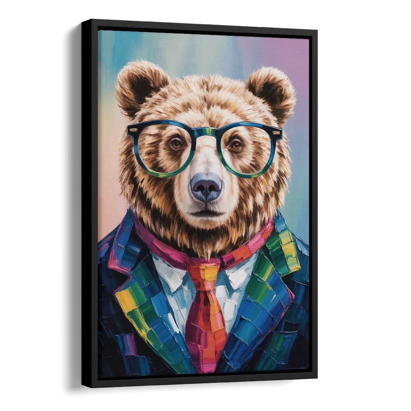 Artistic Bear with Glasses Side - Black Canvas Wall Art
