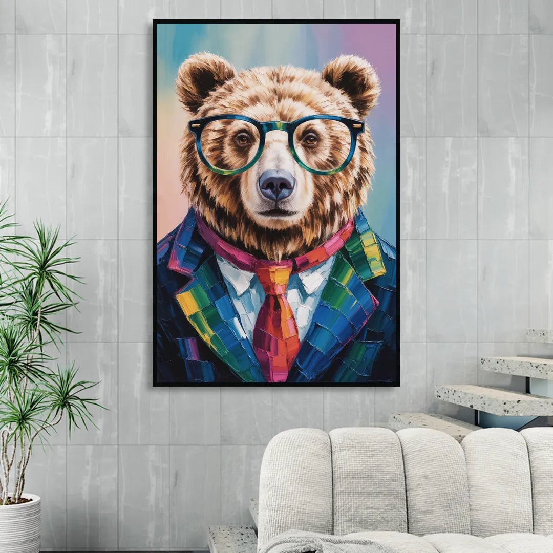 Artistic Bear with Glasses Living Room - Black Canvas Wall Art