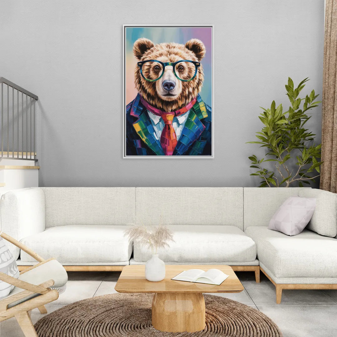 Artistic Bear with Glasses - Living Room White Frame Canvas