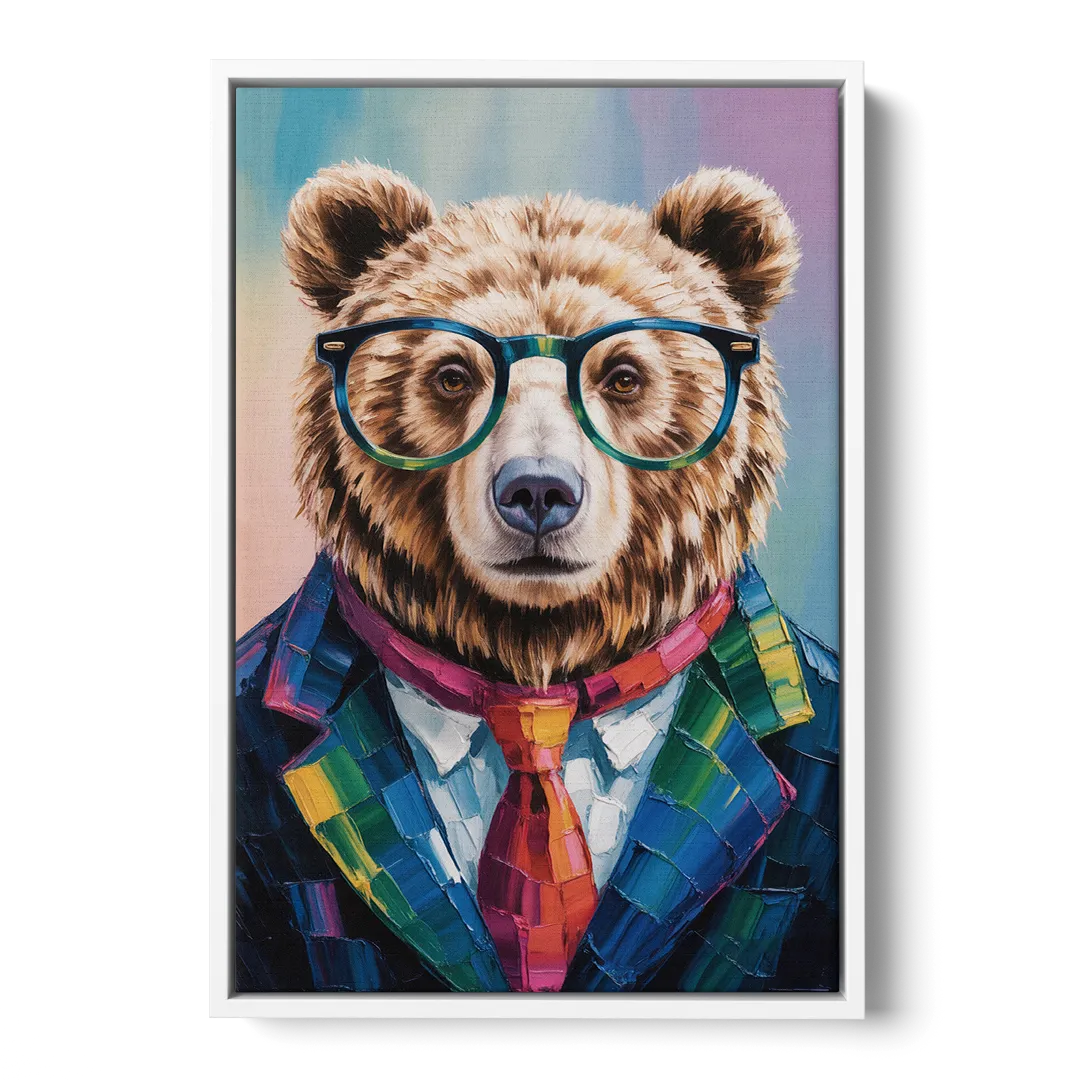Artistic Bear with Glasses - White Frame Canvas
