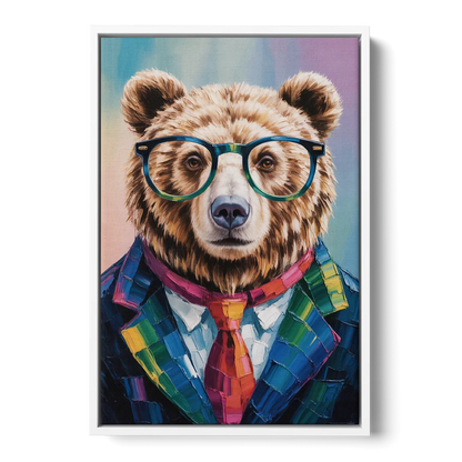 Artistic Bear with Glasses - White Frame Canvas