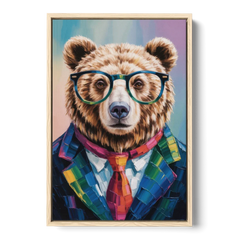 Artistic Bear with Glasses - Oak Framed Canvas Wall Art - Front