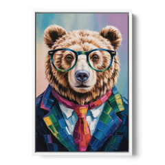 Artistic Bear with Glasses - White Framed Canvas Wall Art - Front