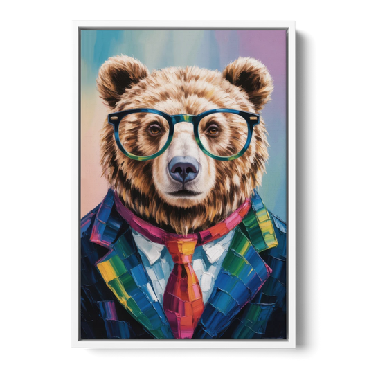 Artistic Bear with Glasses - White Framed Canvas Wall Art - Front