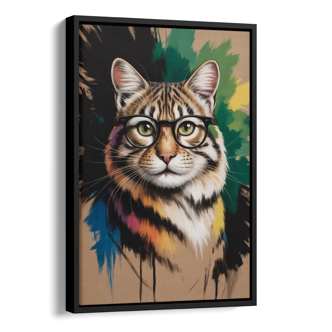 Artistic Cat with Glasses Side - Black Canvas Wall Art