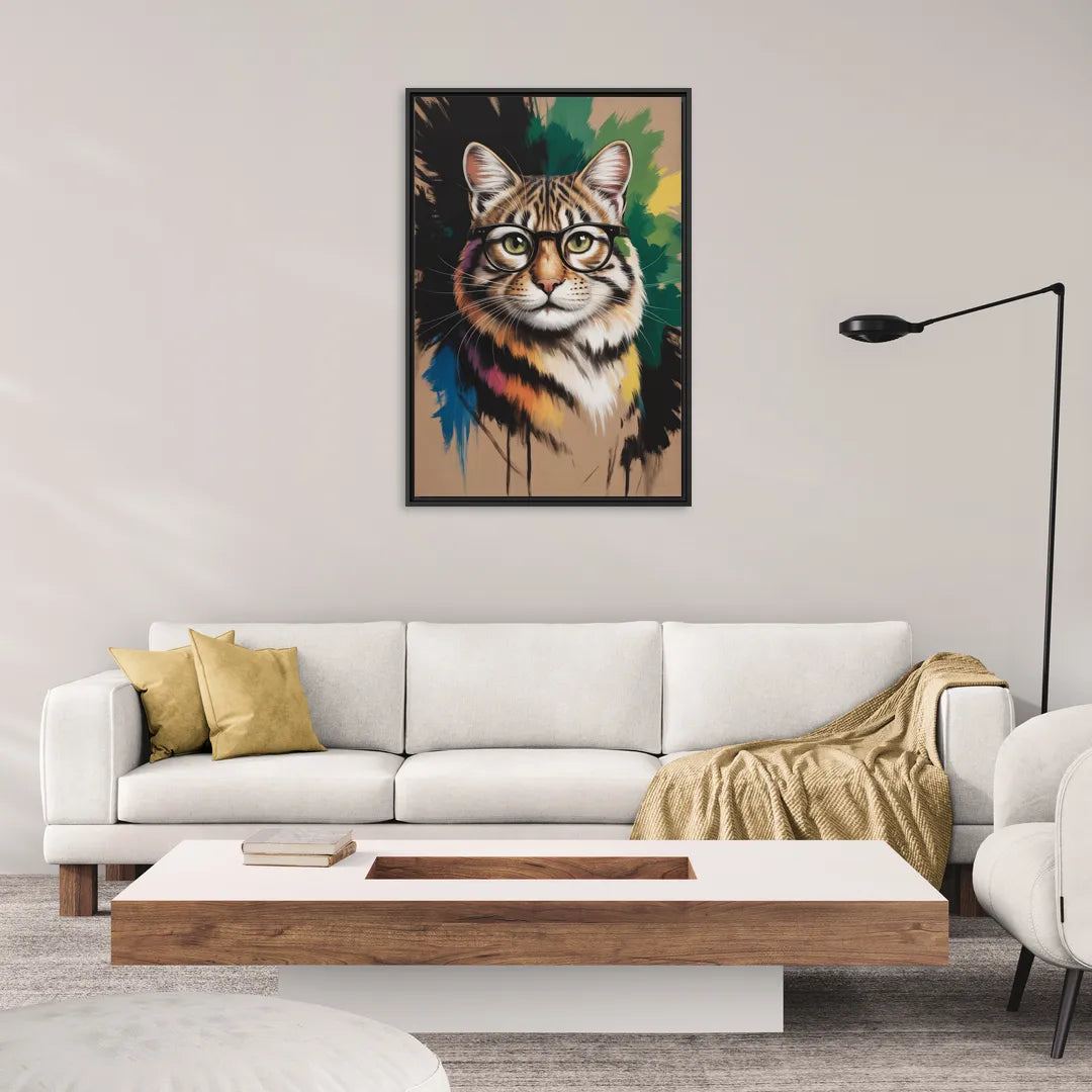 Artistic Cat with Glasses - Living Room Black Frame Canvas