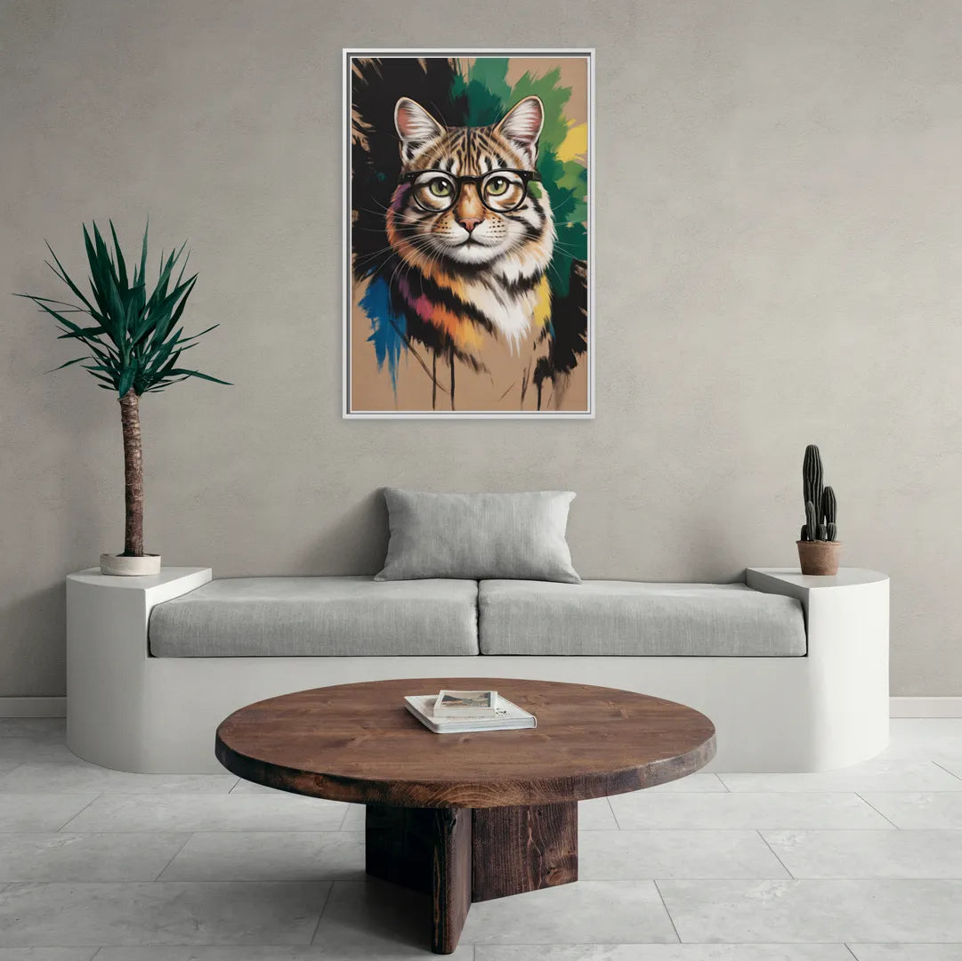 Artistic Cat with Glasses - Living Room White Frame Canvas