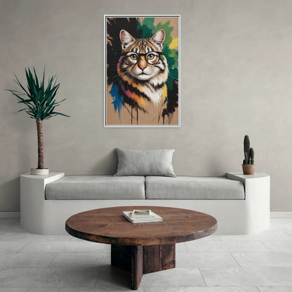 Artistic Cat with Glasses - Living Room White Frame Canvas