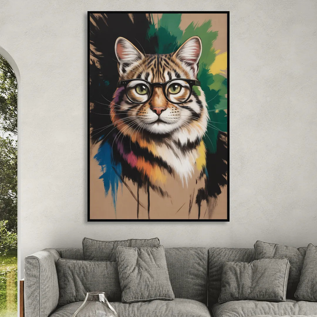 Artistic Cat with Glasses Sitting Room - Black Canvas Wall Art