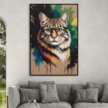 Artistic Cat with Glasses Sitting Room - Black Canvas Wall Art