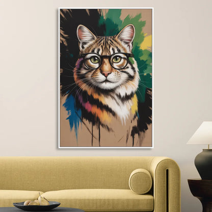 Artistic Cat with Glasses Sitting Room - White Canvas Wall Art