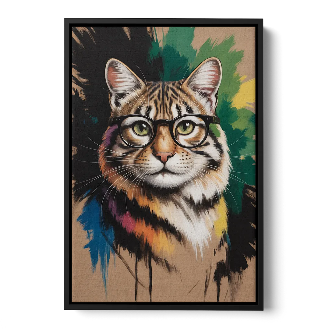 Artistic Cat with Glasses Front - Black Canvas Wall Art