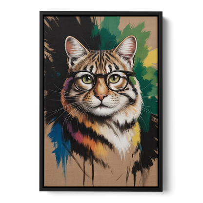 Artistic Cat with Glasses Front - Black Canvas Wall Art