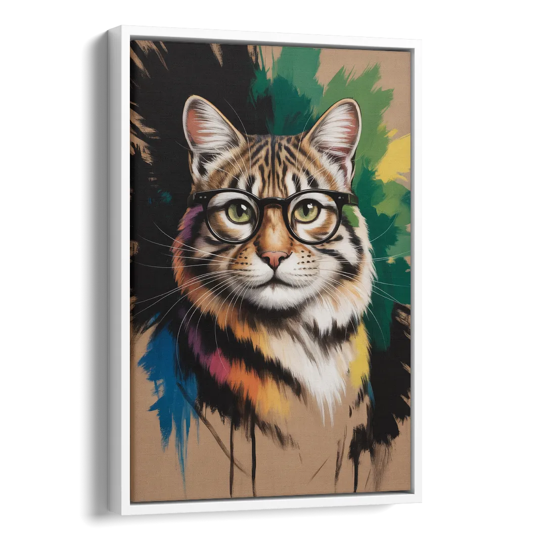 Artistic Cat with Glasses Side - White Canvas Wall Art