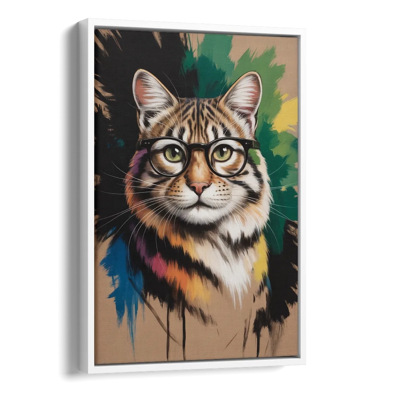 Artistic Cat with Glasses Side - White Canvas Wall Art