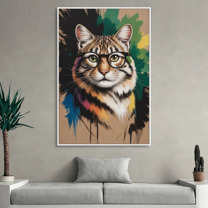 Artistic Cat with Glasses Living Room - White Canvas Wall Art