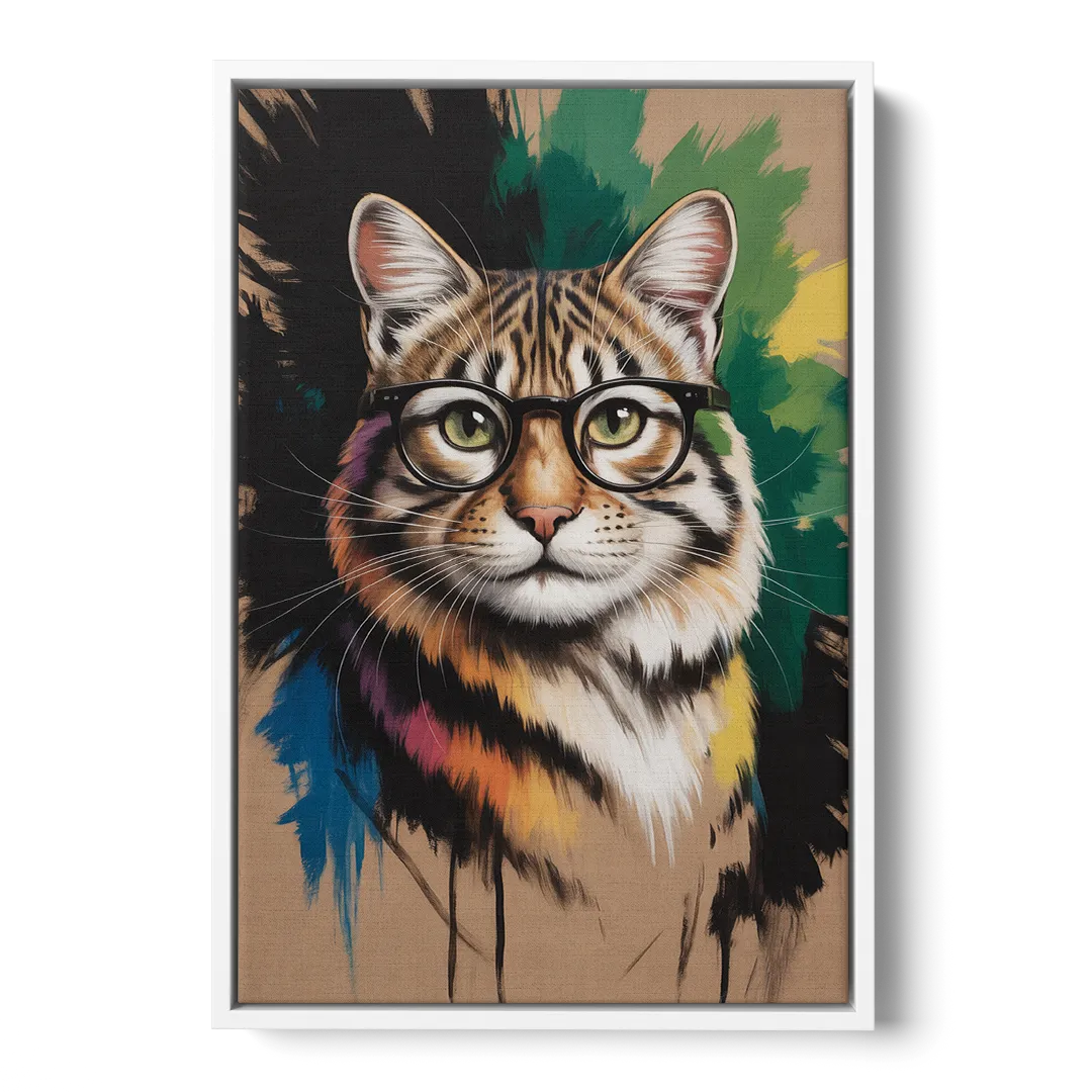 Artistic Cat with Glasses Front - White Canvas Wall Art