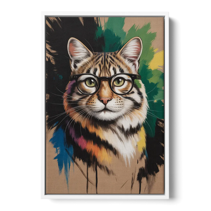 Artistic Cat with Glasses Front - White Canvas Wall Art
