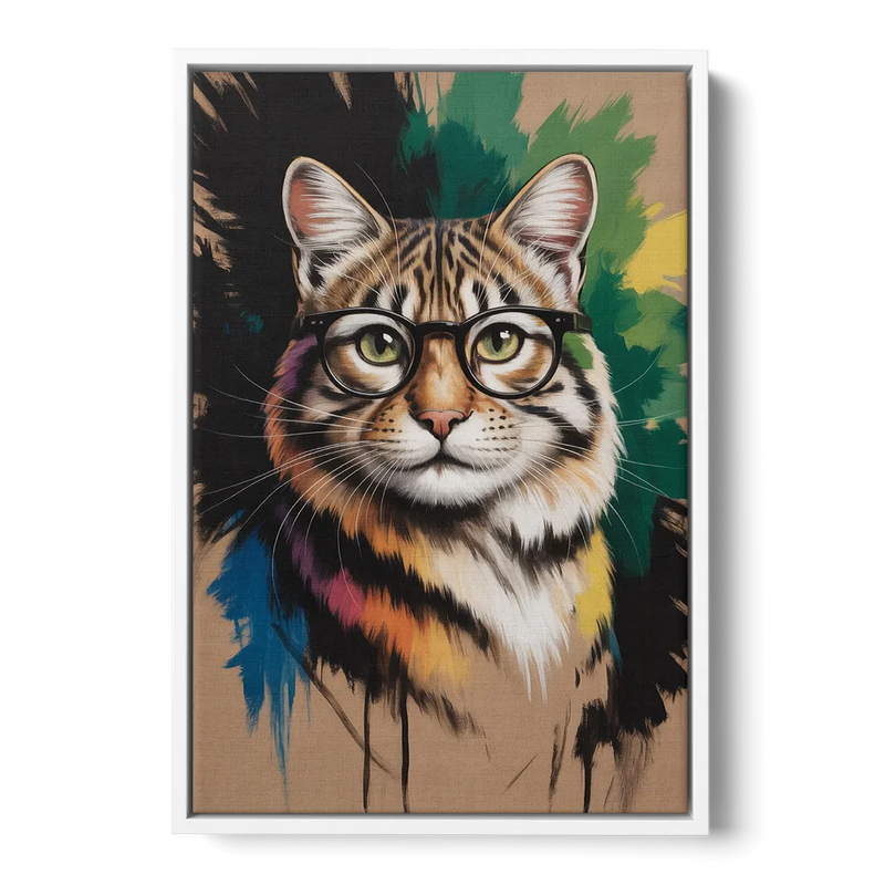 Artistic Cat with Glasses Front - White Canvas Wall Art