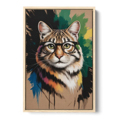 Artistic Cat with Glasses - Oak Framed Canvas Wall Art - Front