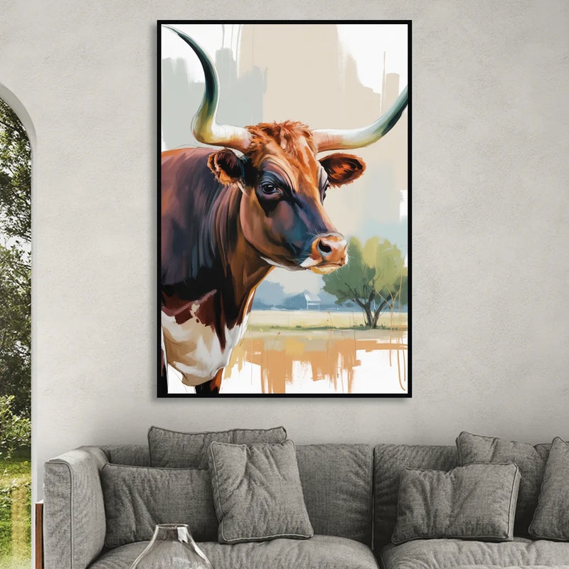 Artistic Longhorn Montage Living Room - Black Canvas Wall Art