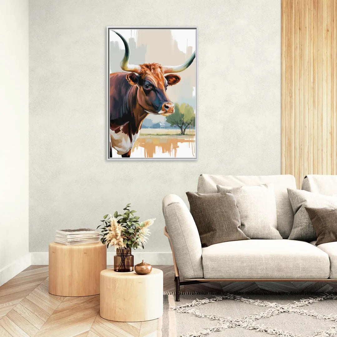 Artistic Longhorn Montage - Living Room White Frame Canvas