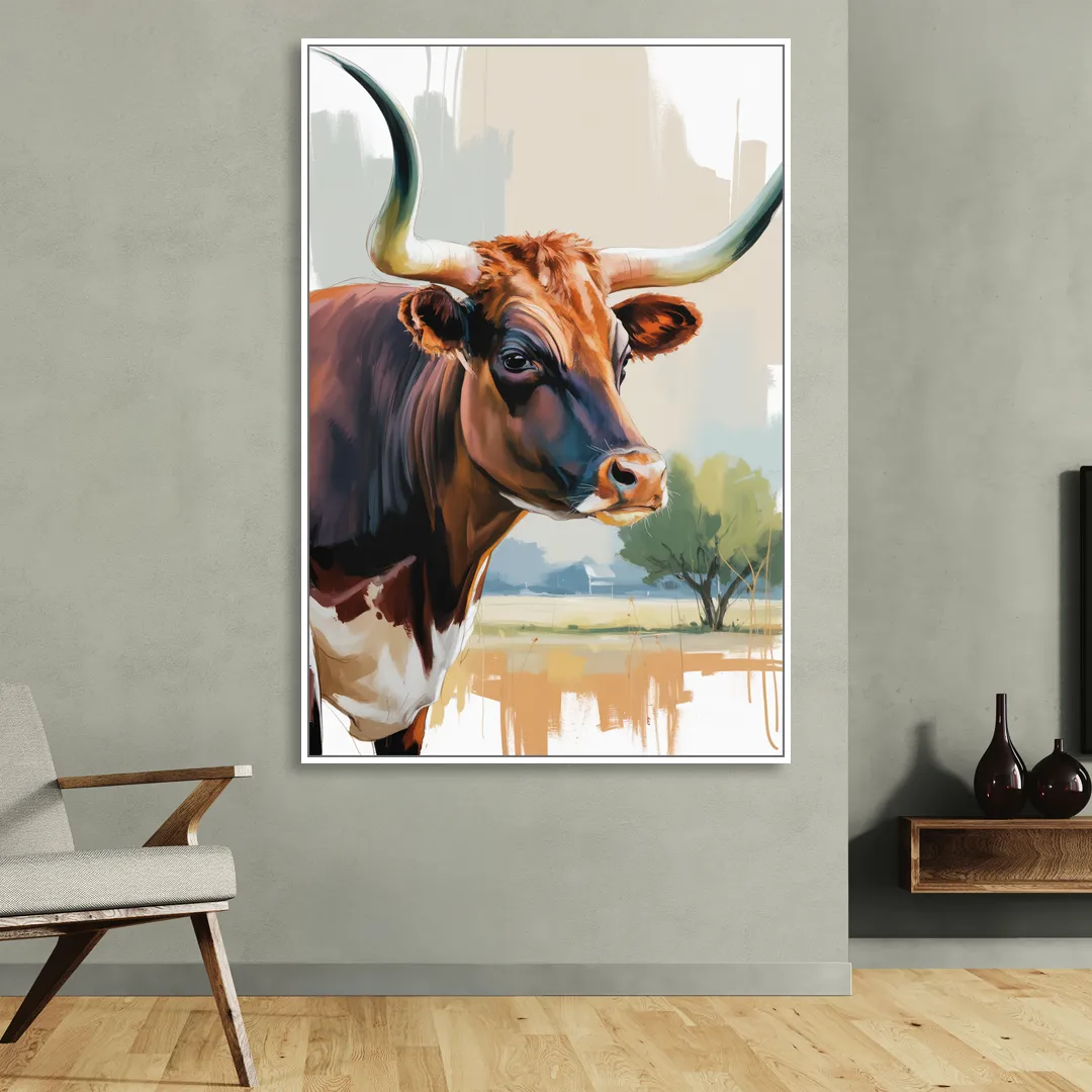 Artistic Longhorn Montage Sitting Room - White Canvas Wall Art