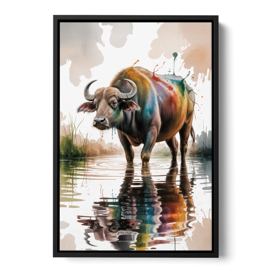 Artistic Water Buffalo in Habitat - Black Framed Canvas Wall Art - Front