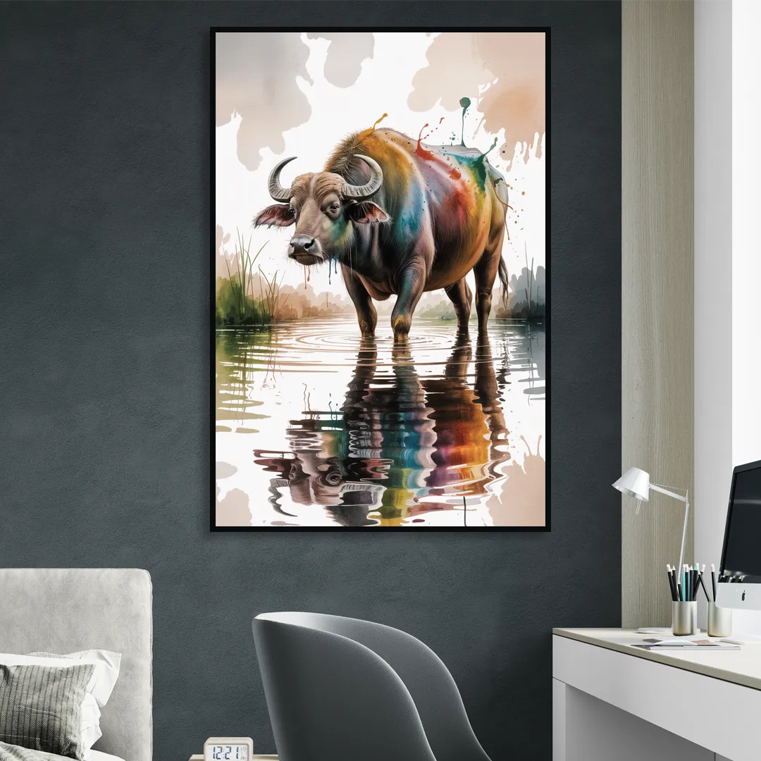 Artistic Water Buffalo in Habitat Living Room - Black Canvas Wall Art