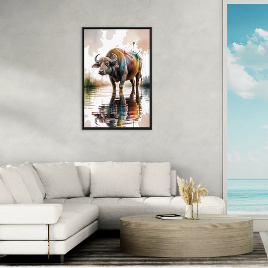 Artistic Water Buffalo in Habitat - Living Room Black Frame Canvas