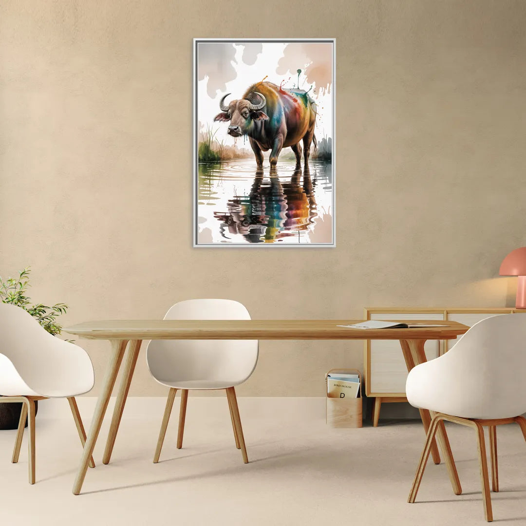 Artistic Water Buffalo in Habitat - Living Room White Frame Canvas