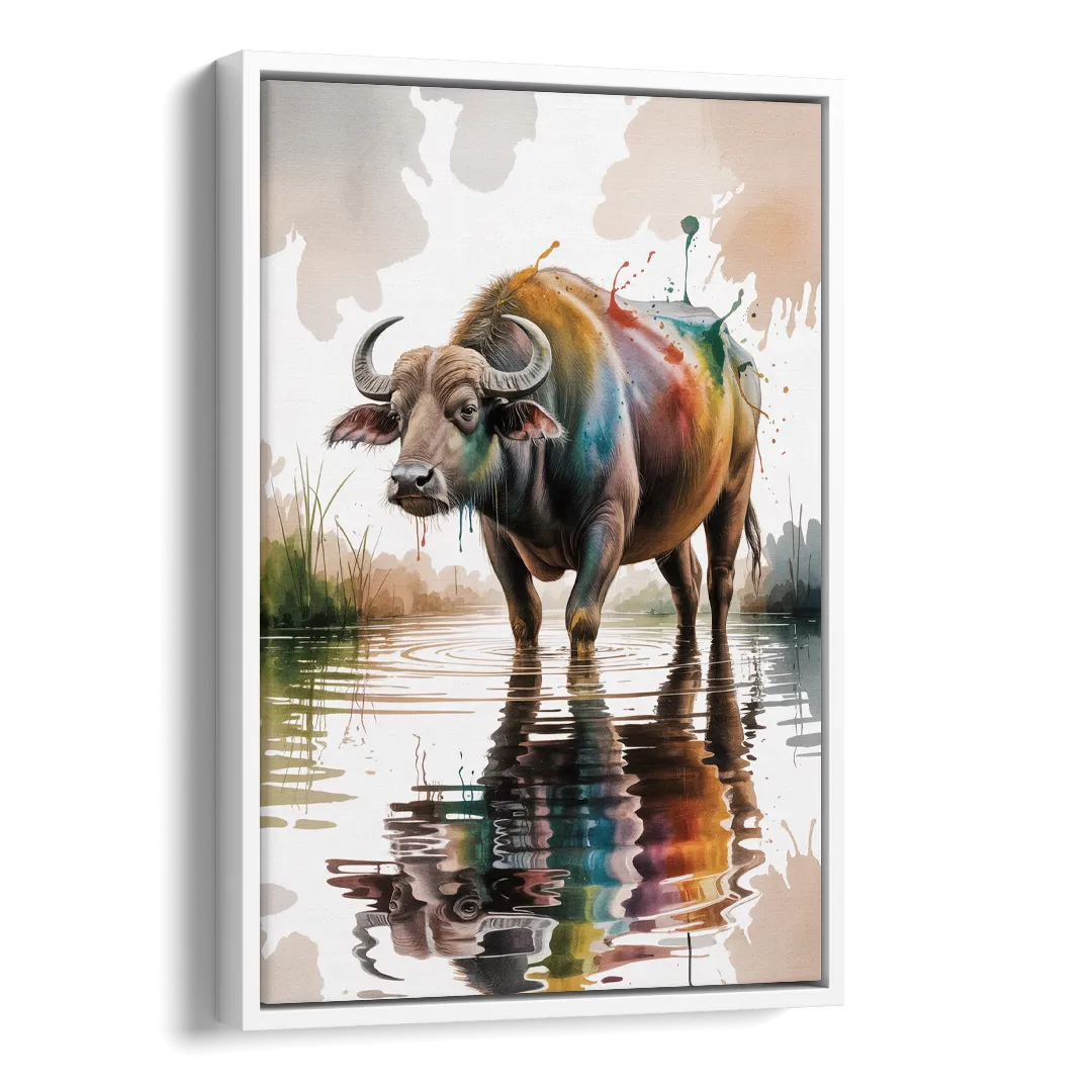 Artistic Water Buffalo in Habitat Side - White Canvas Wall Art