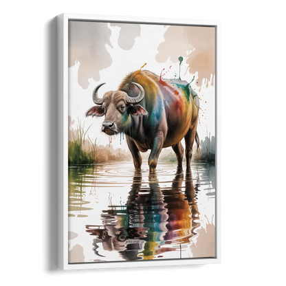 Artistic Water Buffalo in Habitat Side - White Canvas Wall Art