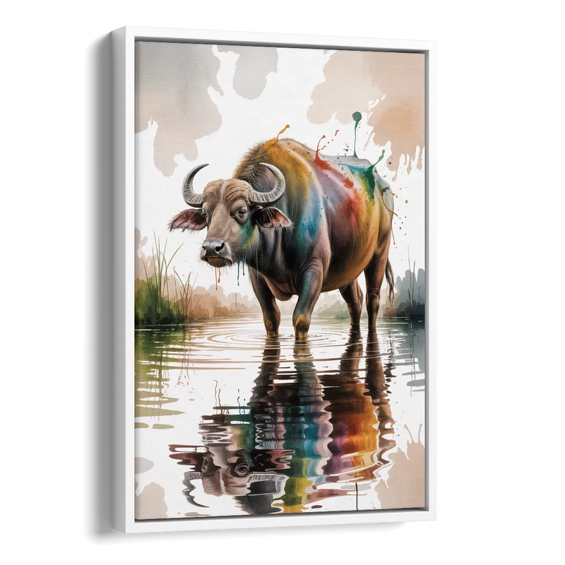 Artistic Water Buffalo in Habitat Side - White Canvas Wall Art