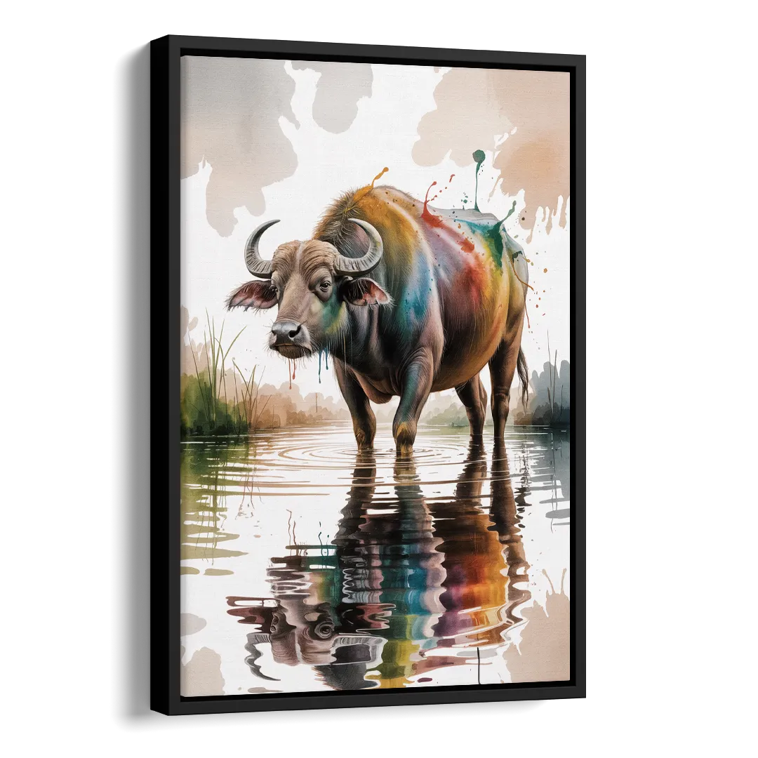 Artistic Water Buffalo in Habitat Side - Black Canvas Wall Art