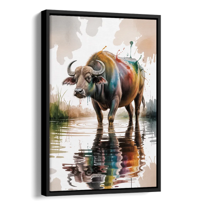 Artistic Water Buffalo in Habitat Side - Black Canvas Wall Art