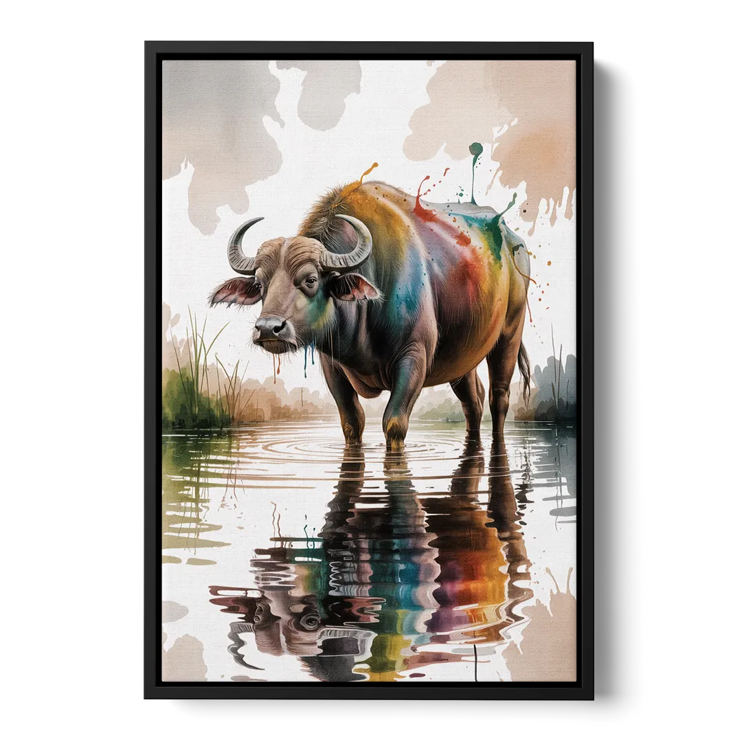 Artistic Water Buffalo in Habitat Front - Black Canvas Wall Art