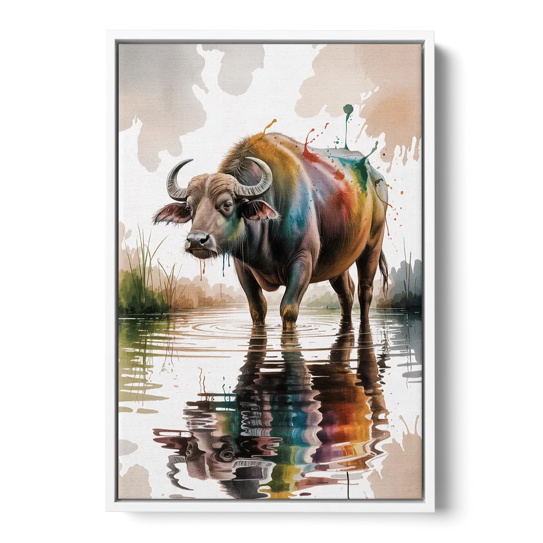 Artistic Water Buffalo in Habitat - White Frame Canvas