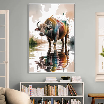 Artistic Water Buffalo in Habitat Sitting Room - White Canvas Wall Art