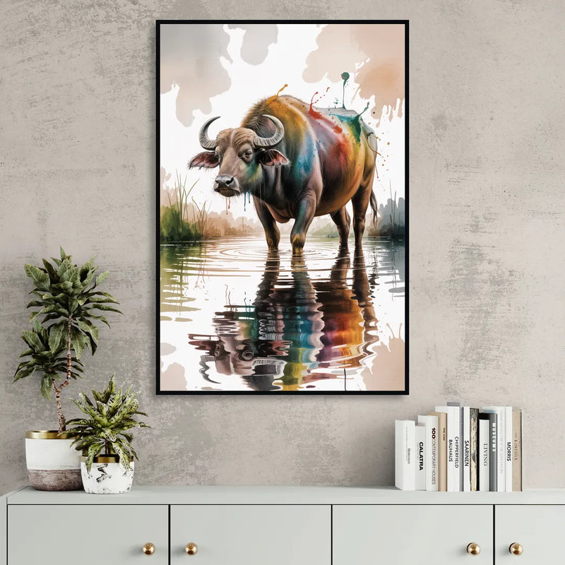 Artistic Water Buffalo in Habitat Sitting Room - Black Canvas Wall Art
