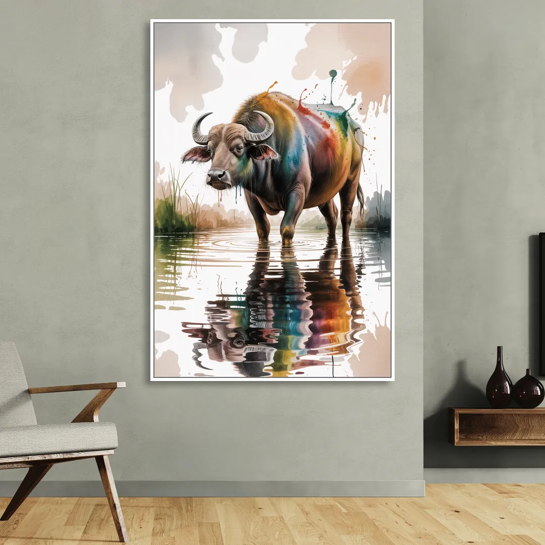Artistic Water Buffalo in Habitat Living Room - White Canvas Wall Art