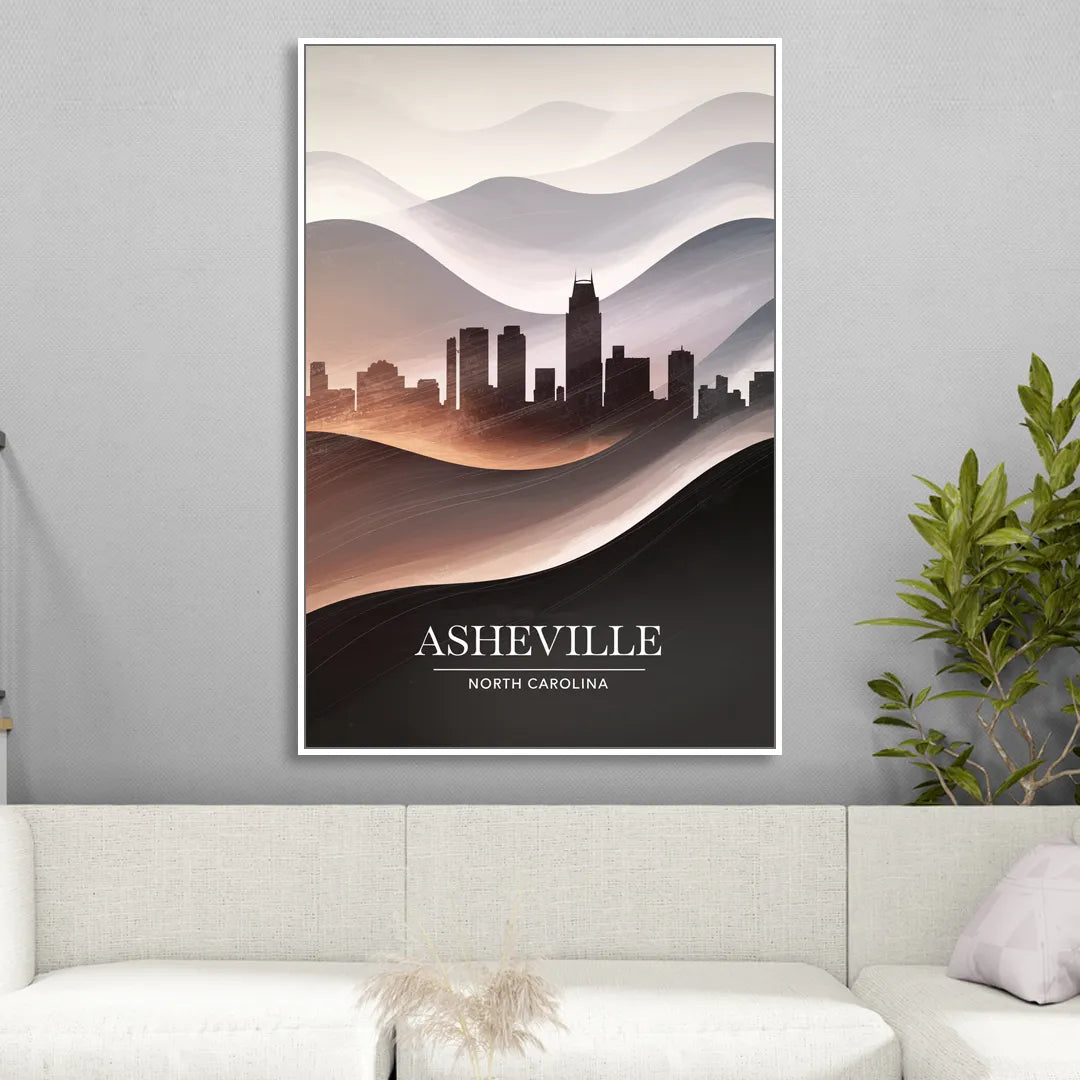 Asheville Skyline and Mountains Living Room - White Canvas Wall Art