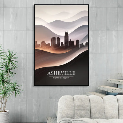 Asheville Skyline and Mountains Living Room - Black Canvas Wall Art